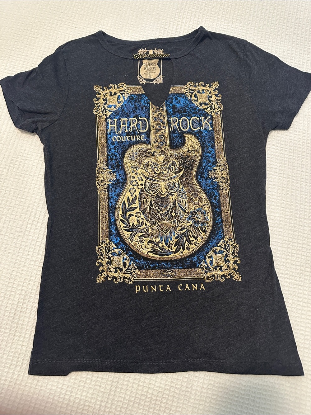 Hard Rock Cafe Black Tee with Gold & Blue Ornate Print